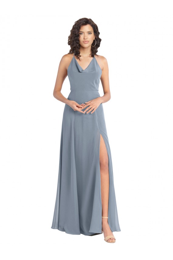 Discount Slim A-Line Cowl Neck Long Chiffon Bridesmaid Dress with Side High Slit