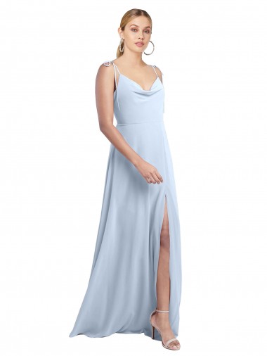 Discount Draped Cowl Neck Tied Straps Long Chiffon Bridesmaid Dress with Slit