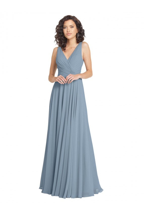 Discount Faux Surplice Bodice Long Chiffon Bridesmaid Dress with V-Neckline