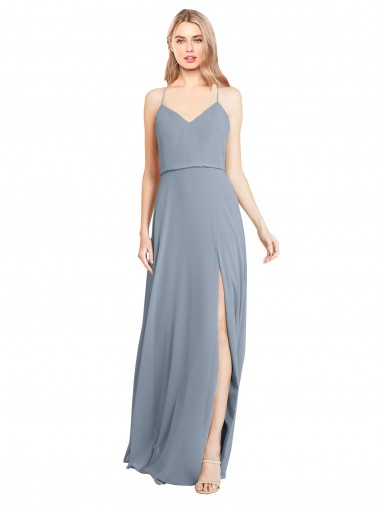 Discount Spaghetti Straps V-Neckline Long Chiffon Bridesmaid Dress with High Slit