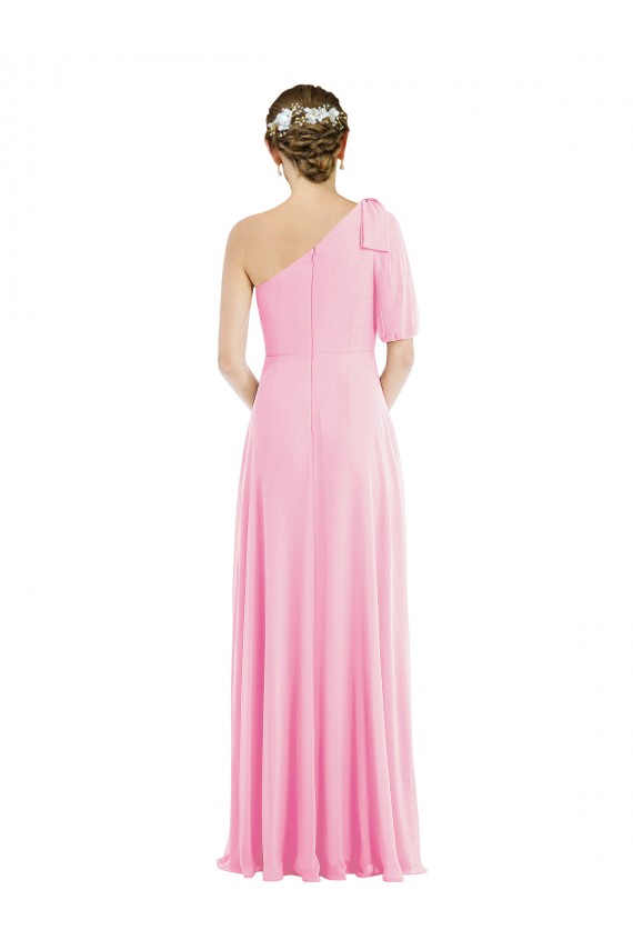 Discount Bow One Shoulder Flounce Sleeve Maxi Bridesmaid Dress