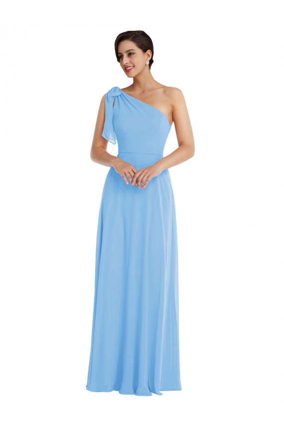 Discount Draped One Shoulder Maxi Bridesmaid Dress with Scarf Bow