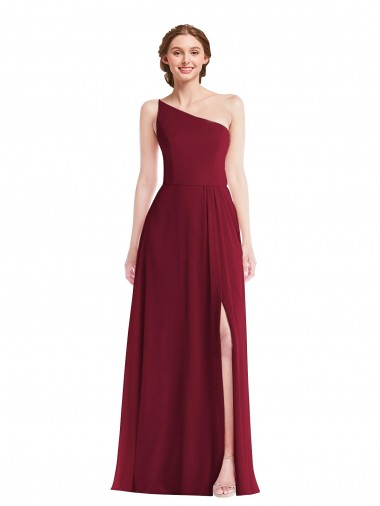 Discount One Shoulder Chiffon Maxi Bridesmaid Dress with Shirred Front Slit