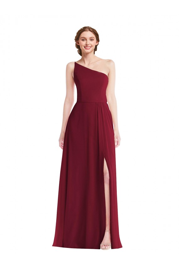 Discount One Shoulder Chiffon Maxi Bridesmaid Dress with Shirred Front Slit