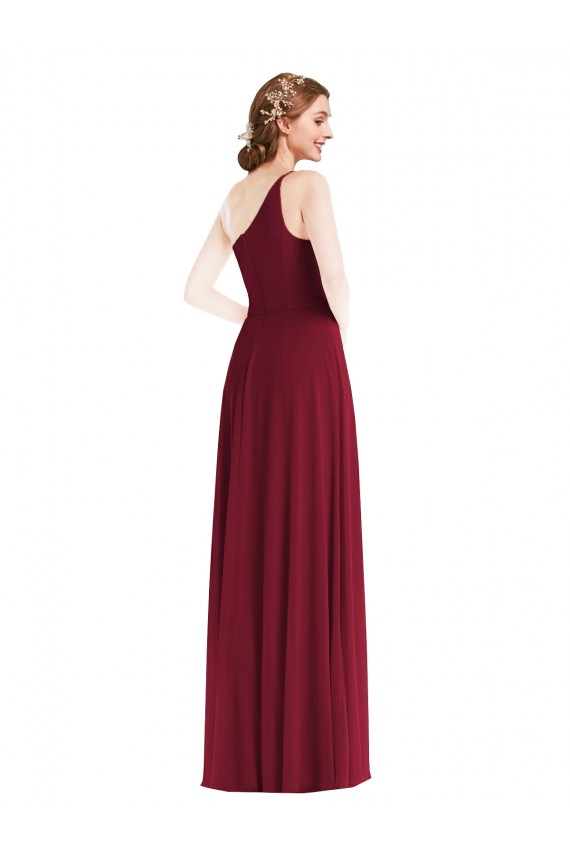 Discount One Shoulder Chiffon Maxi Bridesmaid Dress with Shirred Front Slit