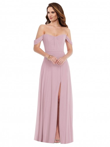Discount Off the Shoulder Draped Sleeve Maxi Bridesmaid Dress with Front Slit
