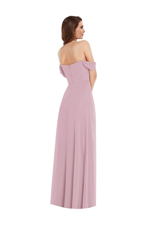 Discount Off the Shoulder Draped Sleeve Maxi Bridesmaid Dress with Front Slit