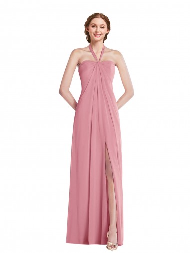 Discount Draped Chiffon Grecian Column Bridesmaid Dress with Front Slit