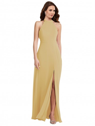 Discount Stand Collar Halter Maxi Bridesmaid Dress with Criss Cross Open Back