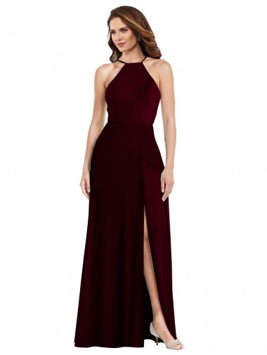 Discount Halter Spaghetti Straps Maxi Bridesmaid Dress with Front Slit