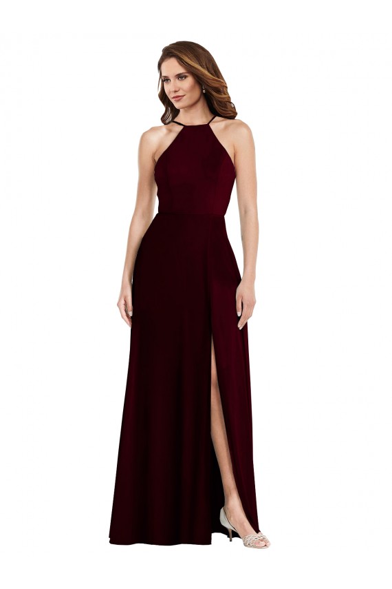 Discount Halter Spaghetti Straps Maxi Bridesmaid Dress with Front Slit
