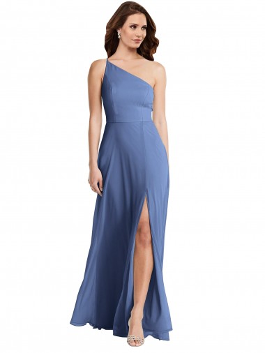 Discount One Shoulder Full Length Maxi Formal Bridesmaid Dress with Flirty Slit