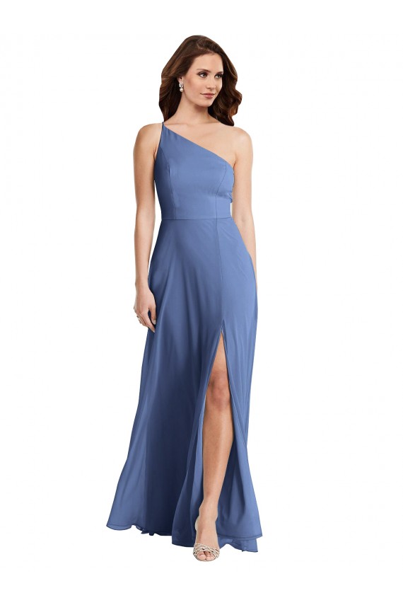 Discount One Shoulder Full Length Maxi Formal Bridesmaid Dress with Flirty Slit