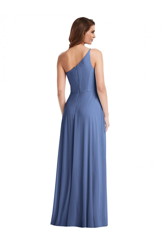 Discount One Shoulder Full Length Maxi Formal Bridesmaid Dress with Flirty Slit