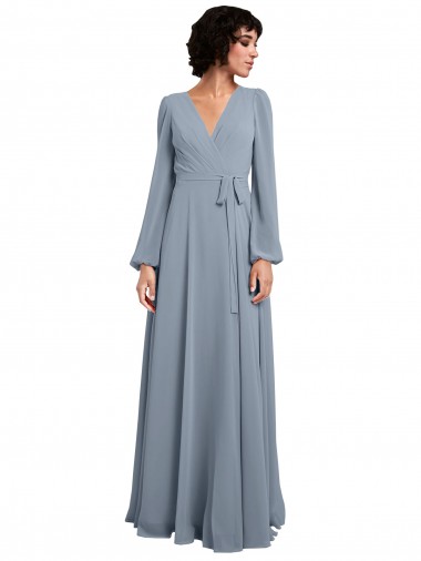 Discount Wrap Style Long Sleeves Chiffon Bridesmaid Dress with Pleated Bodice