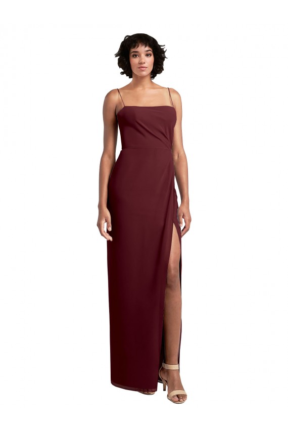 Discount Sleek Straight Neckline Chiffon Bridesmaid Dress with Spaghetti Straps and High Side Slit
