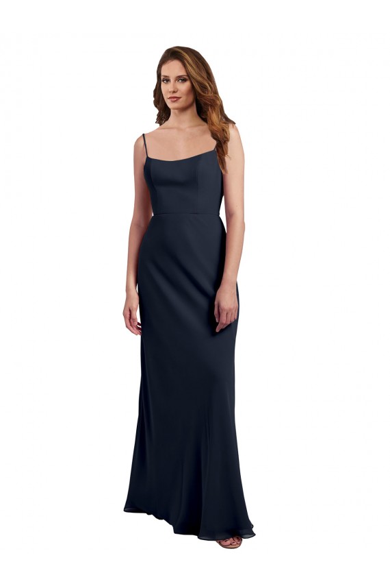 Discount Scoop Neck Long Chiffon Open Back Bridesmaid Dress with Spaghetti Straps