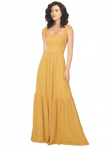 Discount Tied Strap Square Neck Long Chiffon Bridesmaid Dress