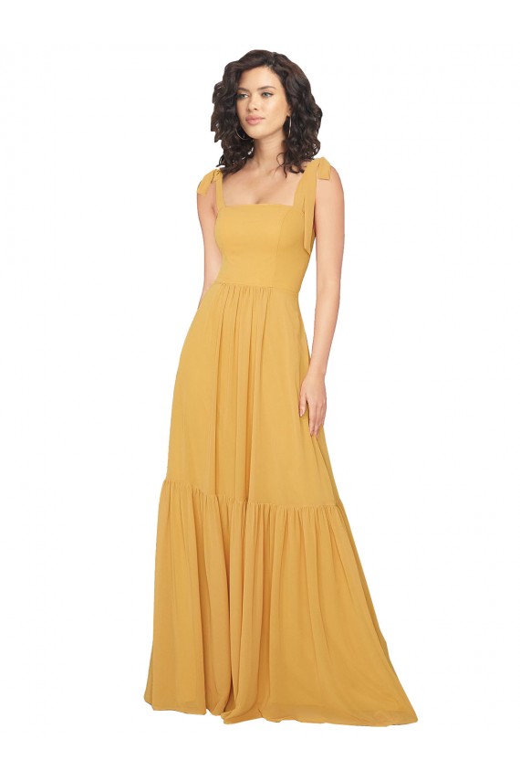 Discount Tied Strap Square Neck Long Chiffon Bridesmaid Dress