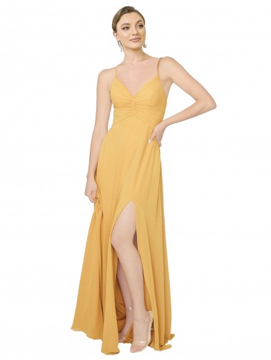 Discount Ruched Chiffon Bridesmaid Dress with Pockets & Tie Back Detail