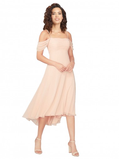 Discount Cold Shoulder Midi Length Short Chiffon Bridesmaid Dress