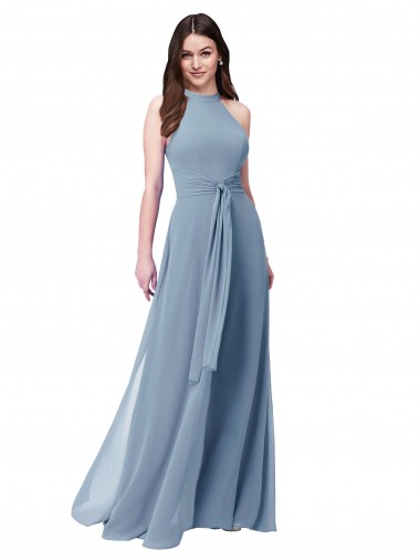Discount Halter High Neck Chiffon Dress with Sash