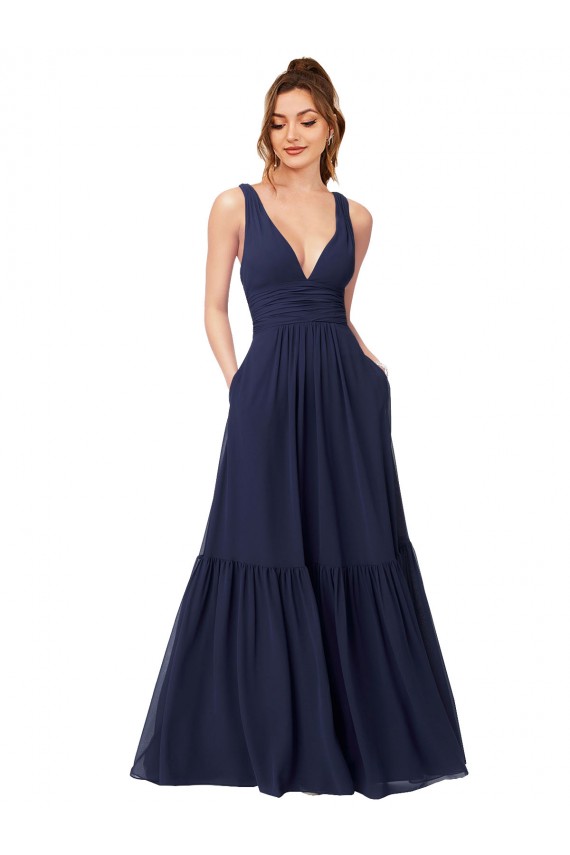 Discount Floor Length Deep V-Neck Ruched Chiffon Long Bridesmaid Dress