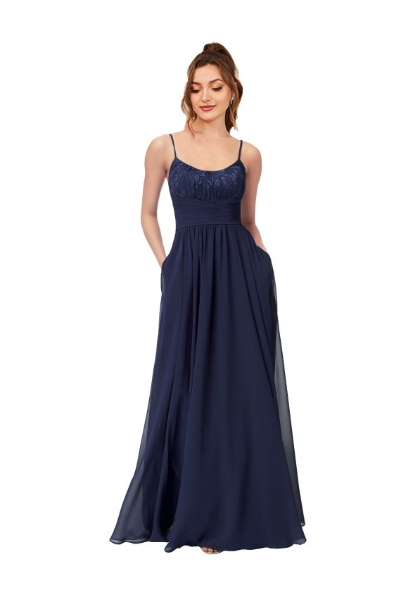 Discount Long Chantilly Lace and Ruched Chiffon Bridesmaid Dress with Pockets