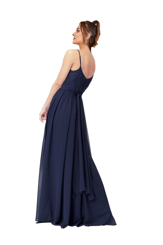 Discount Long Chantilly Lace and Ruched Chiffon Bridesmaid Dress with Pockets