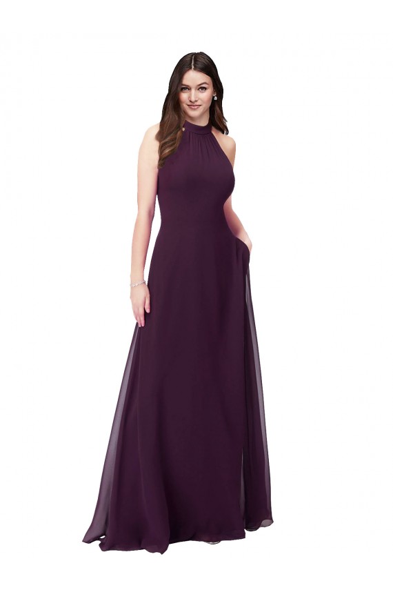 Discount Chiffon High-Halter Bridesmaids Dress with Keyhole Back