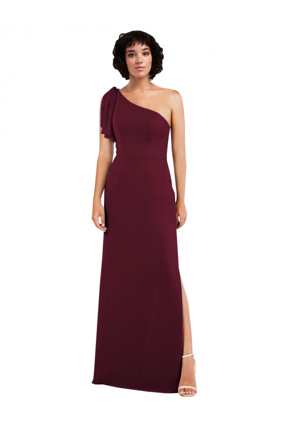 Discount One Shoulder Chiffon Formal Bridesmaid Dress with Skirt Slit and Accent Strap