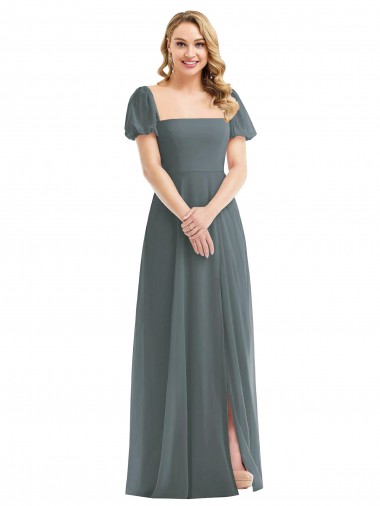 Discount Puff Sleeves Chiffon Maxi Bridesmaid Dress with Front Slit