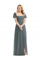 Discount Puff Sleeves Chiffon Maxi Bridesmaid Dress with Front Slit