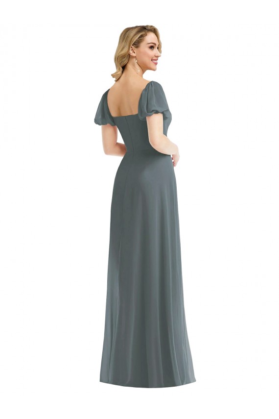 Discount Puff Sleeves Chiffon Maxi Bridesmaid Dress with Front Slit
