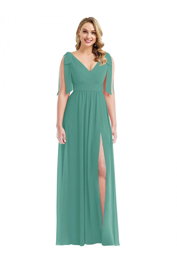 Discount Plunge Neckline Bow Shoulder Chiffon Maxi Bridesmaid Dress
