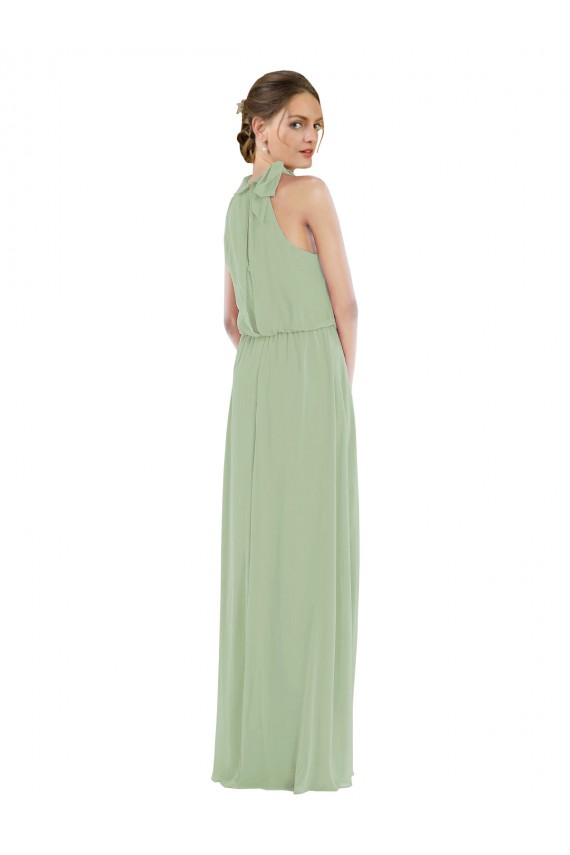 Discount High Neck Scarf Tie Blouson Bodice Maxi Bridesmaid Dress with Front Slit