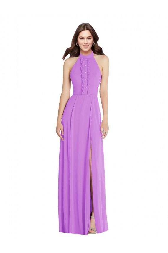 Discount Halter Backless Maxi Formal Bridesmaid Dress with Button Ruffle Placket