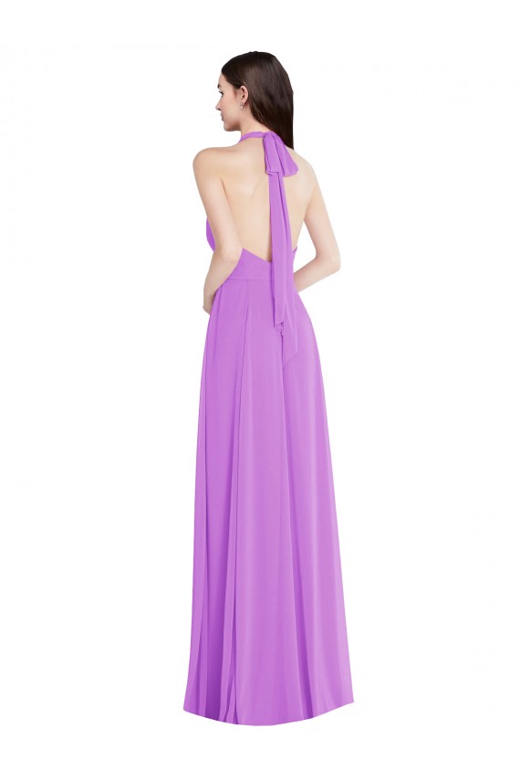 Discount Halter Backless Maxi Formal Bridesmaid Dress with Button Ruffle Placket