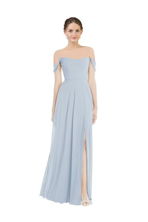 Discount Off the Shoulder Basque Neck Maxi Bridesmaid Dress with Flounce Sleeves