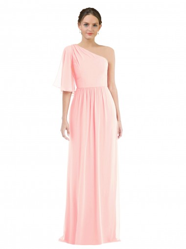 Discount One Shoulder Bell Sleeves Chiffon Maxi Bridesmaid Dress
