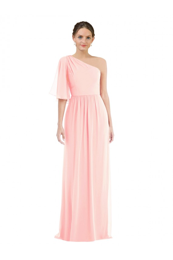 Discount One Shoulder Bell Sleeves Chiffon Maxi Bridesmaid Dress