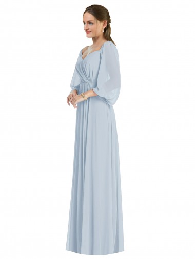 Discount Off the Shoulder Puff Sleeve Maxi Formal Bridesmaid Dress with Front Slit