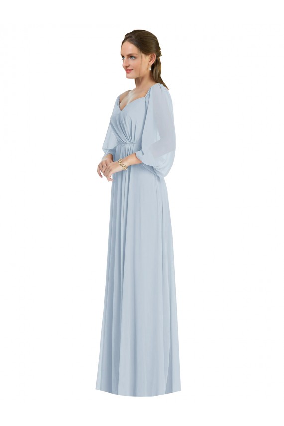 Discount Off the Shoulder Puff Sleeve Maxi Formal Bridesmaid Dress with Front Slit