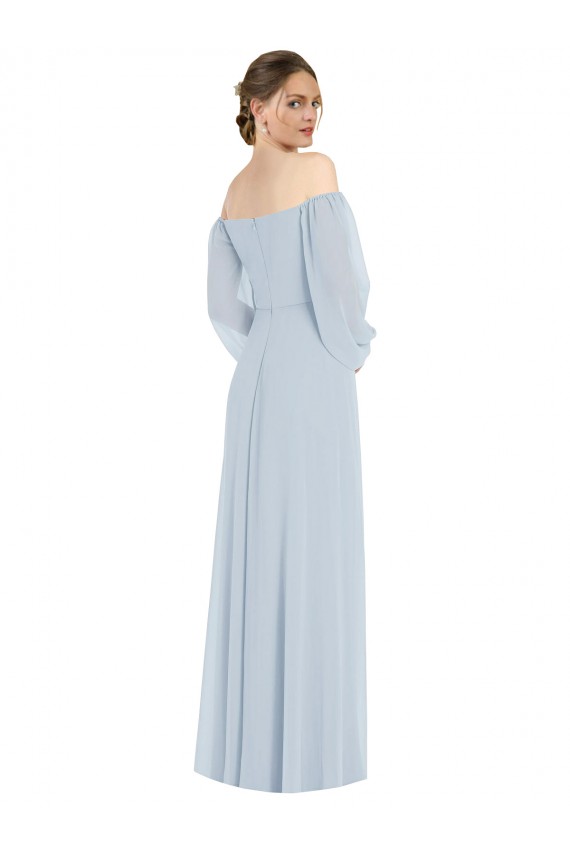 Discount Off the Shoulder Puff Sleeve Maxi Formal Bridesmaid Dress with Front Slit