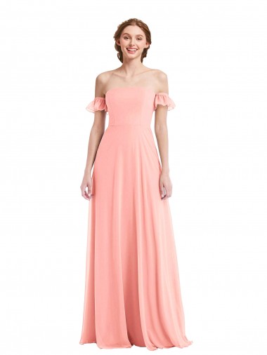 Discount Off the Shoulder Ruffle Cuff Sleeve Chiffon Maxi Bridesmaid Dress