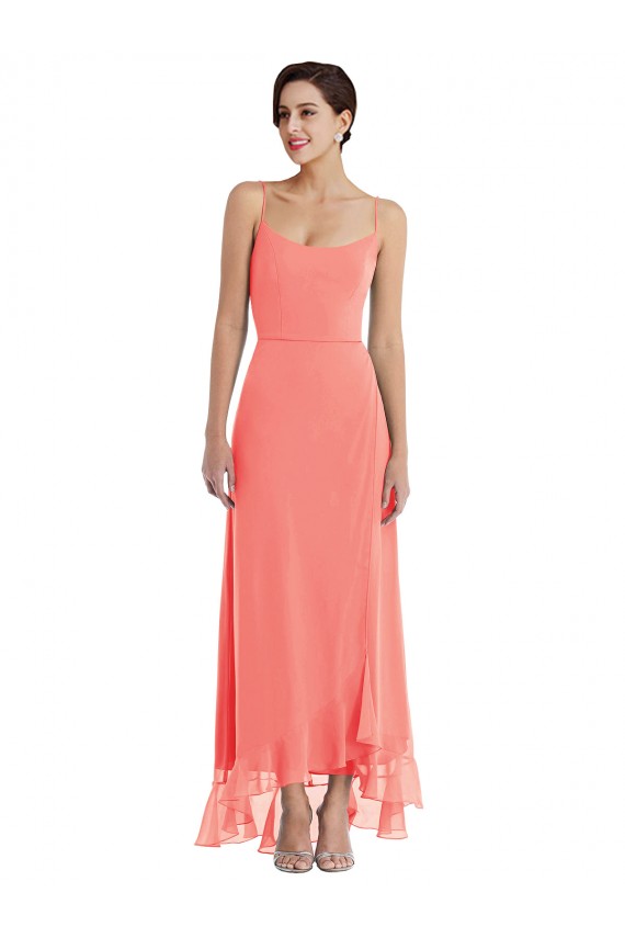 Discount Scoop Neck Ruffle Trimmed High Low Maxi Bridesmaid Dress