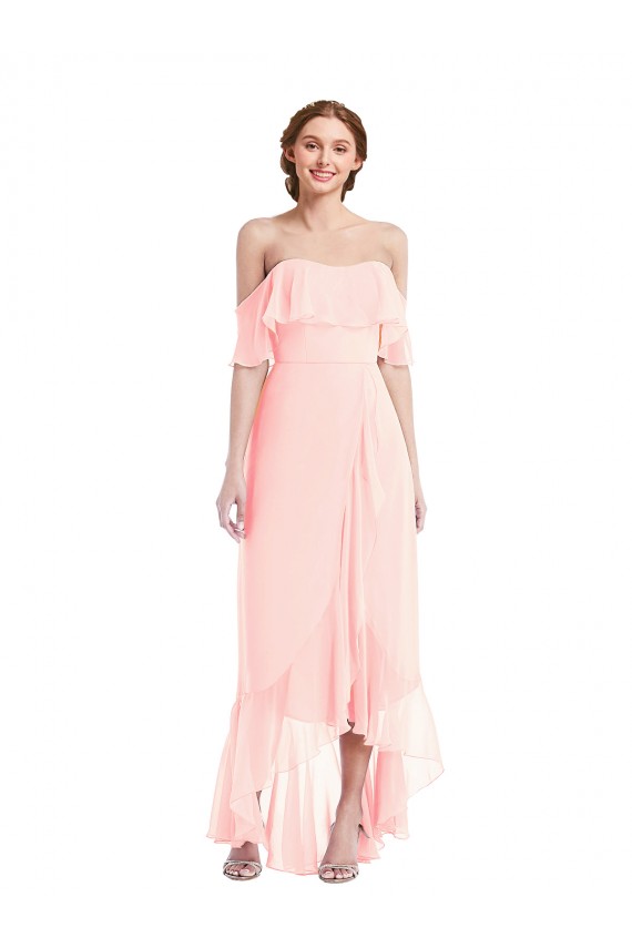 Discount Off the Shoulder Ruffled High Low Maxi Bridesmaid Dress
