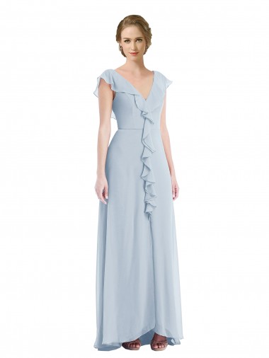 Discount Ruffle Trimmed V Back Chiffon Maxi Bridesmaid Dress