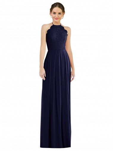 Discount Tie Neck Lace Halter Pleated Skirt Maxi Bridesmaid Dress