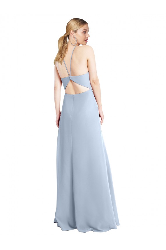Discount Halter Neck Long Chiffon Bridesmaid Dress with Strappy Back and Daring Side Slit